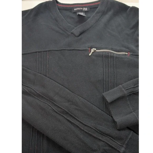 Kenneth Cole Mens Black V Neck Long Sleeve Sweater Size Medium Zip Chest Pocket - Picture 2 of 10